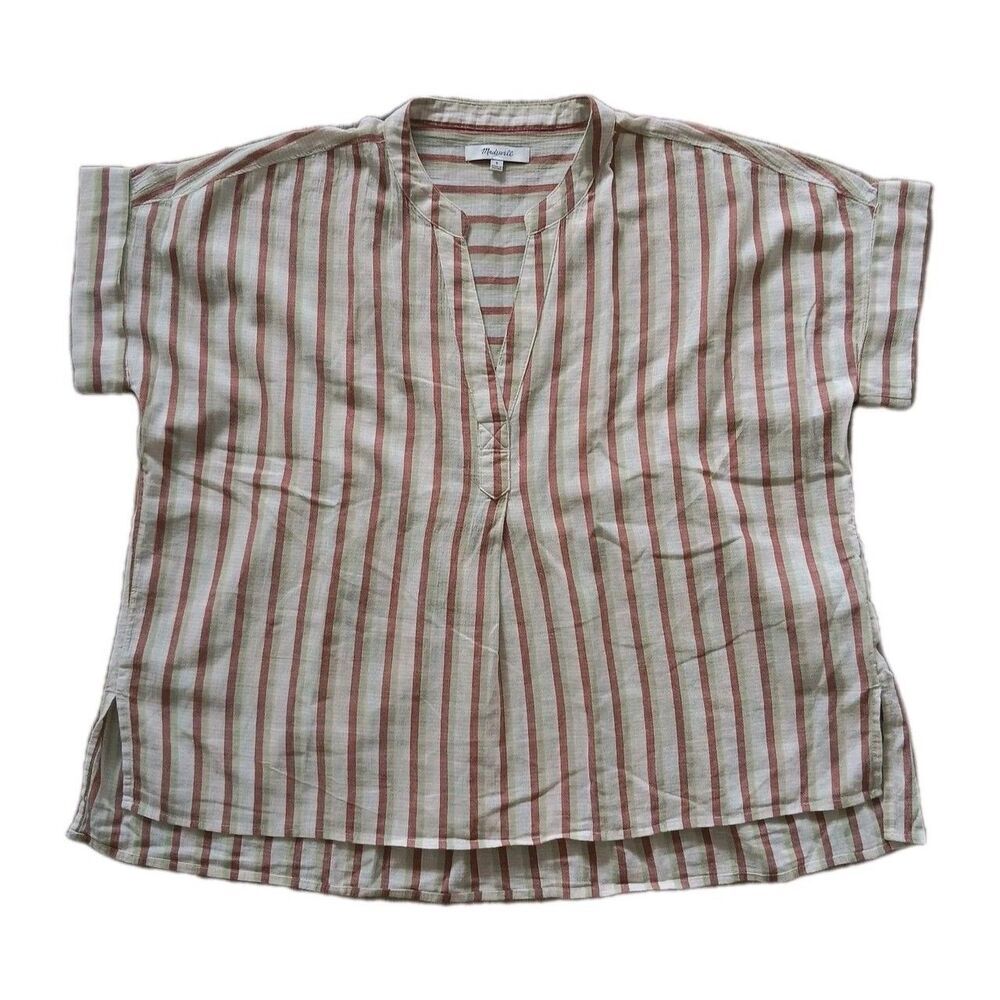 MADEWELL Crinkle Lakeline Popover Top Women Small Oversize Stripe Beachy Coastal